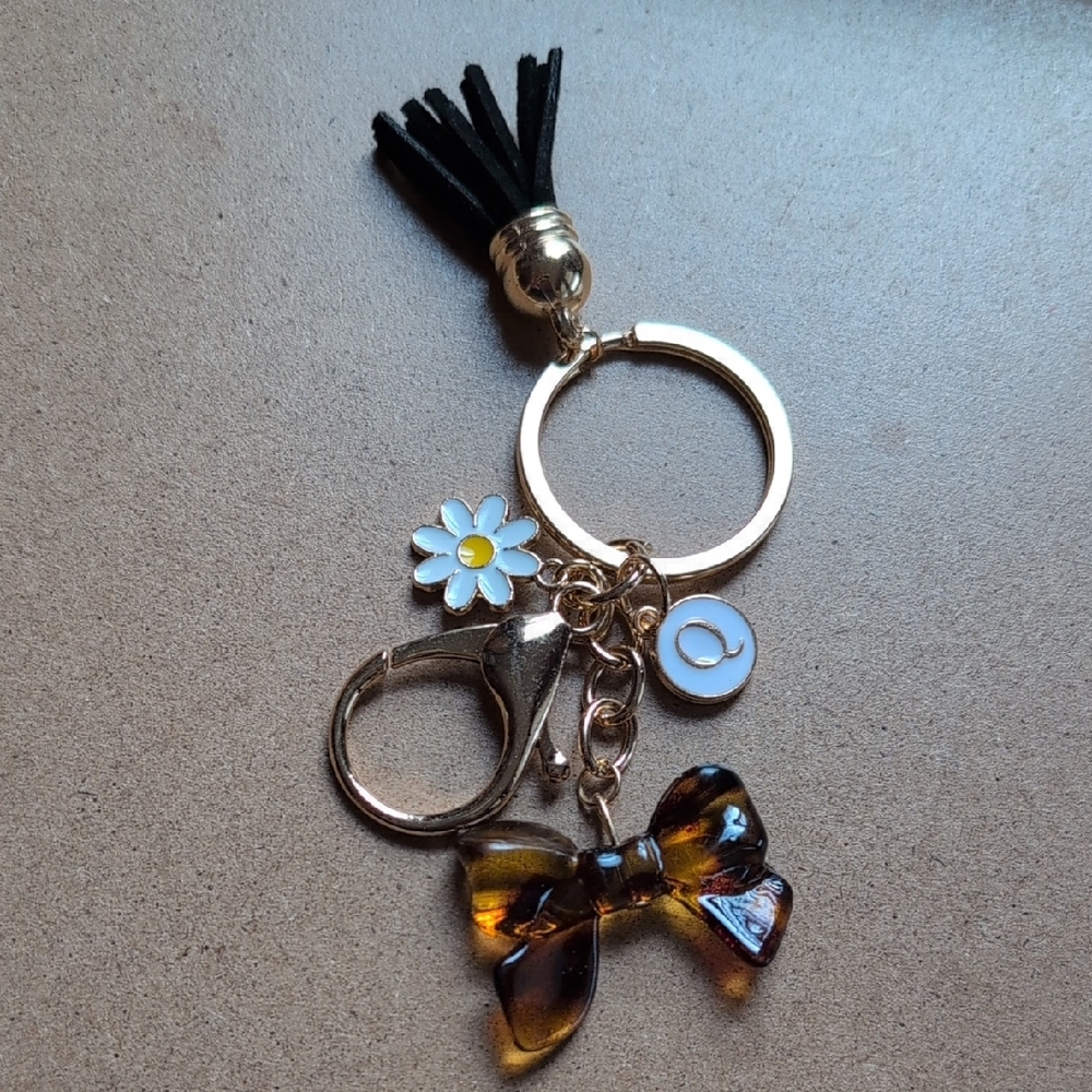 Gold and Brown Bow Initial Keychain Bag Charm Choices: Q E F J K N